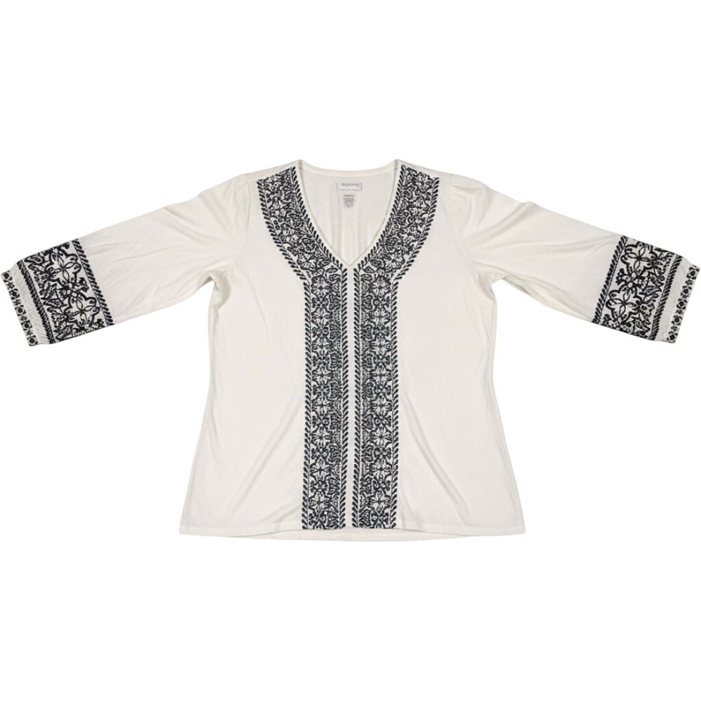 J. Jill Embroidered Mixed-Media Top Womens 3X Cream Black V-Neck 3/4 Sleeve Boho